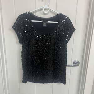 INC International Concepts Black Sequin Short Sleeve Top